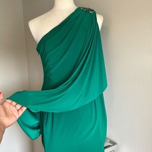 Signature | Emerald Green One Shoulder Cape Dress Elegant Glamour Modern Ruffle
